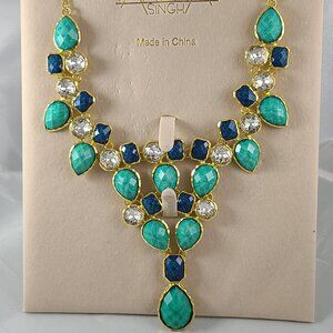 AMRITA SINGH CZ Statement Necklace Collar Bib Lapis Turquoise